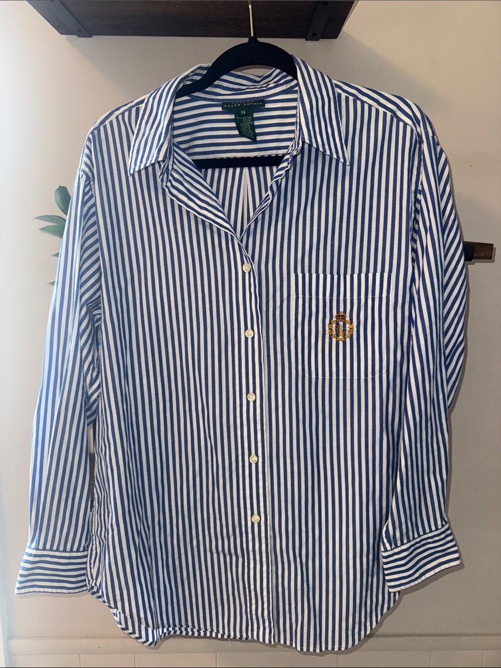 Classic! Striped Blue & White Ralph Lauren Shirt with Embroidered Crest Size 14
